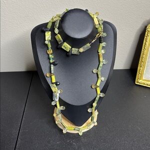 Long Gemstone Unique Green and Yellow Beaded Necklace